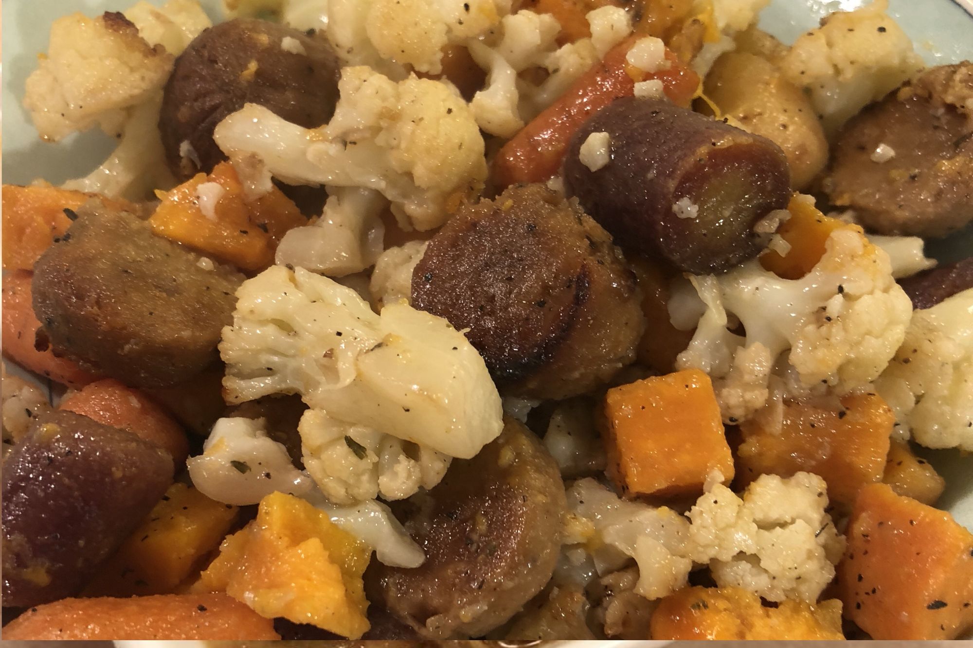 roasted veggies with vegan sausage